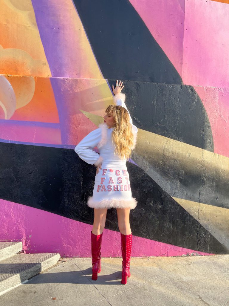 Lexy Silverstein in a sustainable dress designed by Natalia Trevino Amaro