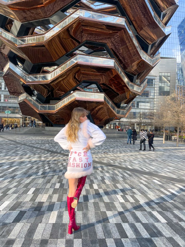 Lexy Silverstein in a sustainable dress designed by Natalia Trevino Amaro