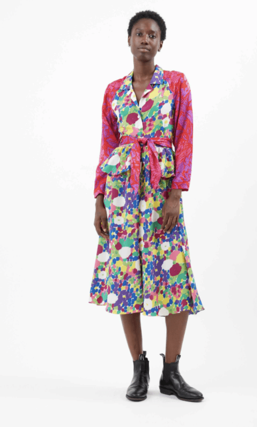 A model shows an outfit designed by Rentrayage