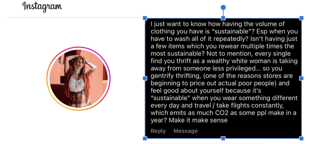 A comment left on my Instagram account criticizing me for thrifting and over consuming.