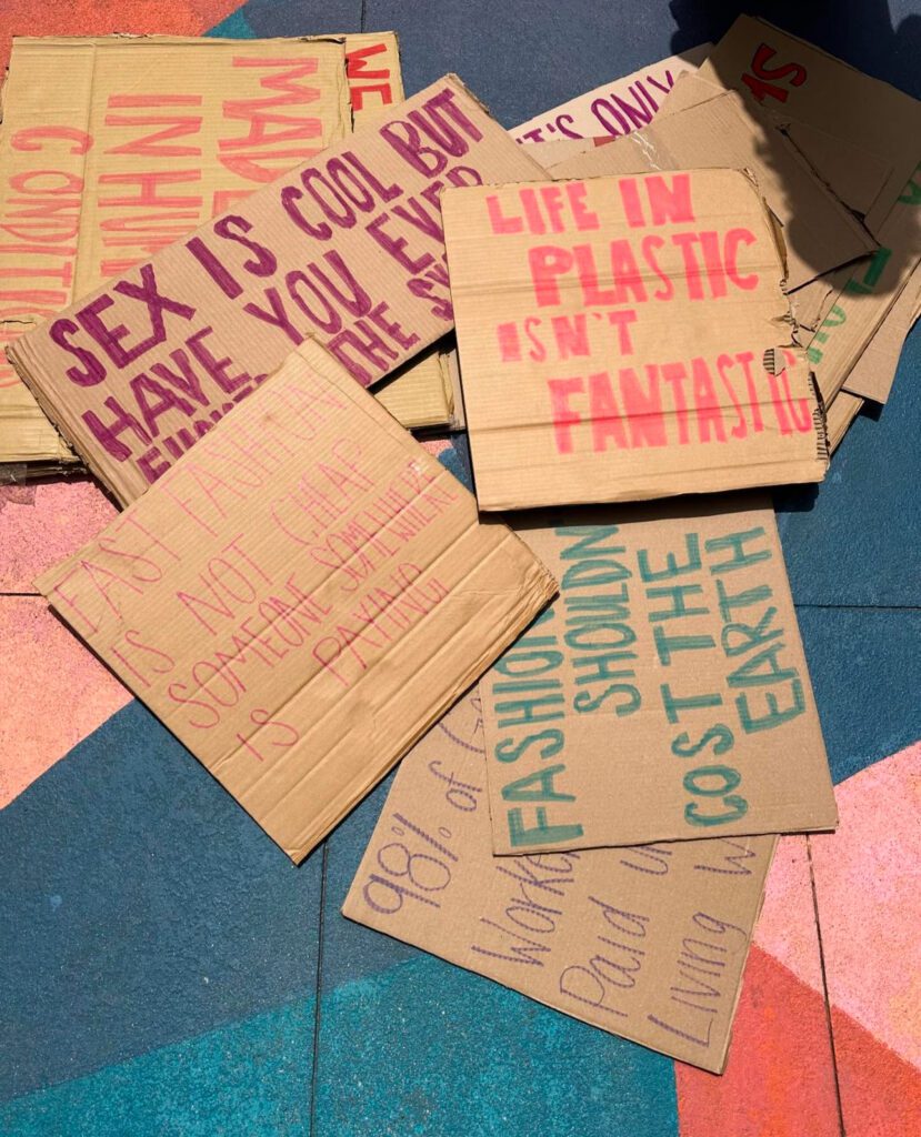 A collage of slogans against fast fashion