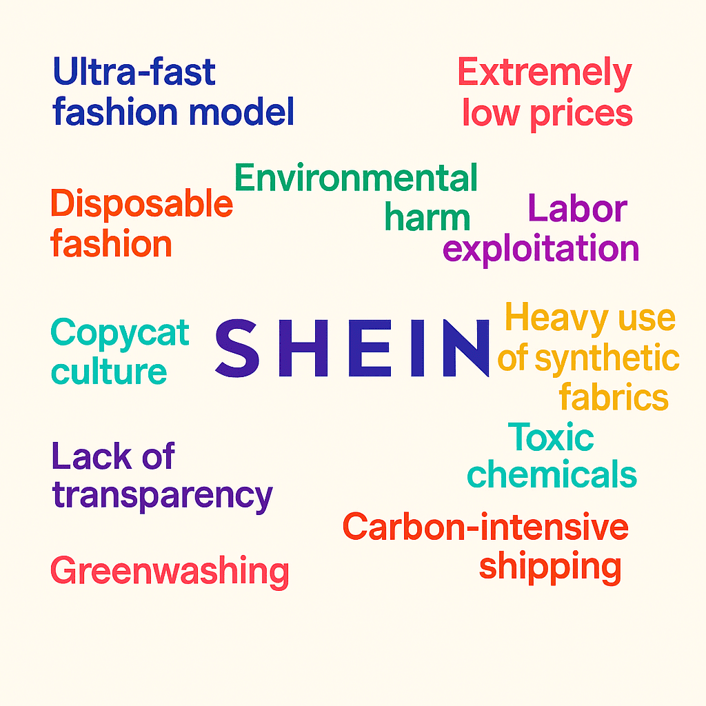 Reasons to not like SHEIN: an ultra-fast fashion model, environmental harm, labor exploitation, a copycat culture, heavy use of synthetic fabrics, and more.