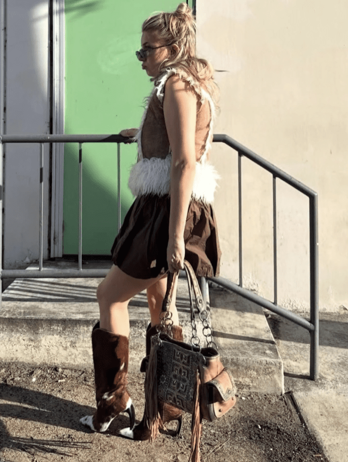 Lexy Silverstein in a Sustainable Outfit from Goodwilll, Thrifted purse from Los Feliz Flea Market 