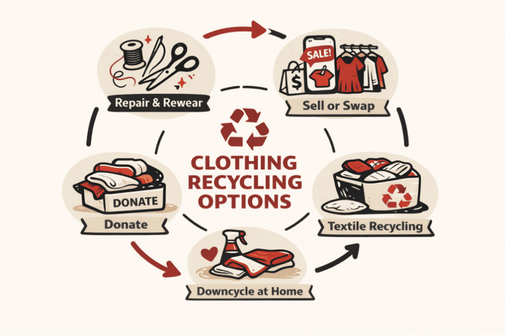 Infographic showing five clothing recycling options: Repair & Rewear, Sell or Swap, Donate, Textile Recycling, and Downcycle at Home, with arrows linking each option to a recycling cycle. (Lexy Silverstein, Sustainable Fashion Advocate) 