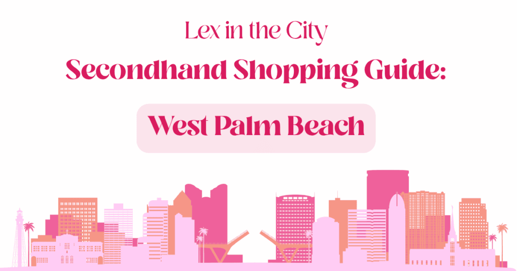 Cover graphic for Lex in the City's West Palm Beach secondhand shopping guide featuring a pink Florida skyline illustration and the title "Secondhand Shopping Guide: West Palm Beach"