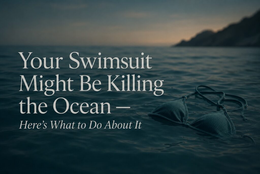 Close-up of ocean waves with microplastic pollution visible in the water, illustrating how synthetic swimsuit fabrics made from nylon and polyester shed microfibers into the sea — featured on Lexy Silverstein's sustainable fashion blog