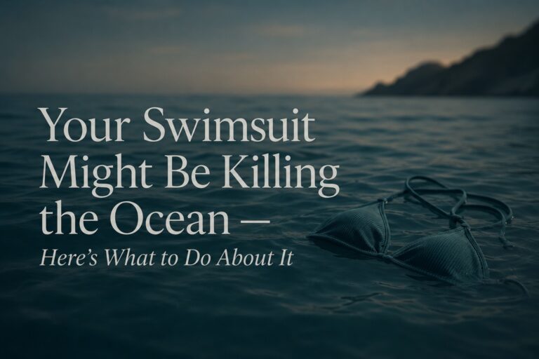 Close-up of ocean waves with microplastic pollution visible in the water, illustrating how synthetic swimsuit fabrics made from nylon and polyester shed microfibers into the sea — featured on Lexy Silverstein's sustainable fashion blog
