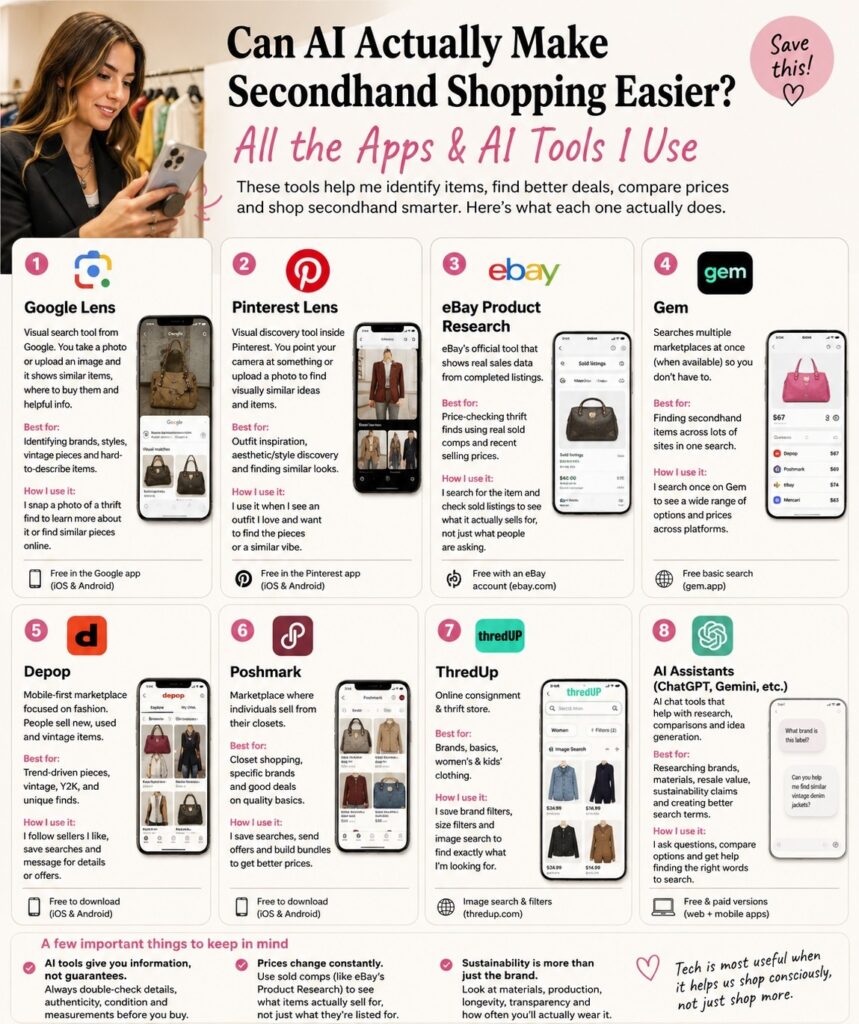 Infographic by sustainable fashion advocate Lexy Silverstein showing the best AI tools and apps for secondhand shopping, including Google Lens, Pinterest Lens, eBay, Gem, Depop, Poshmark, ThredUp and AI assistants to help identify vintage clothing, find resale deals, compare prices and shop more sustainably.