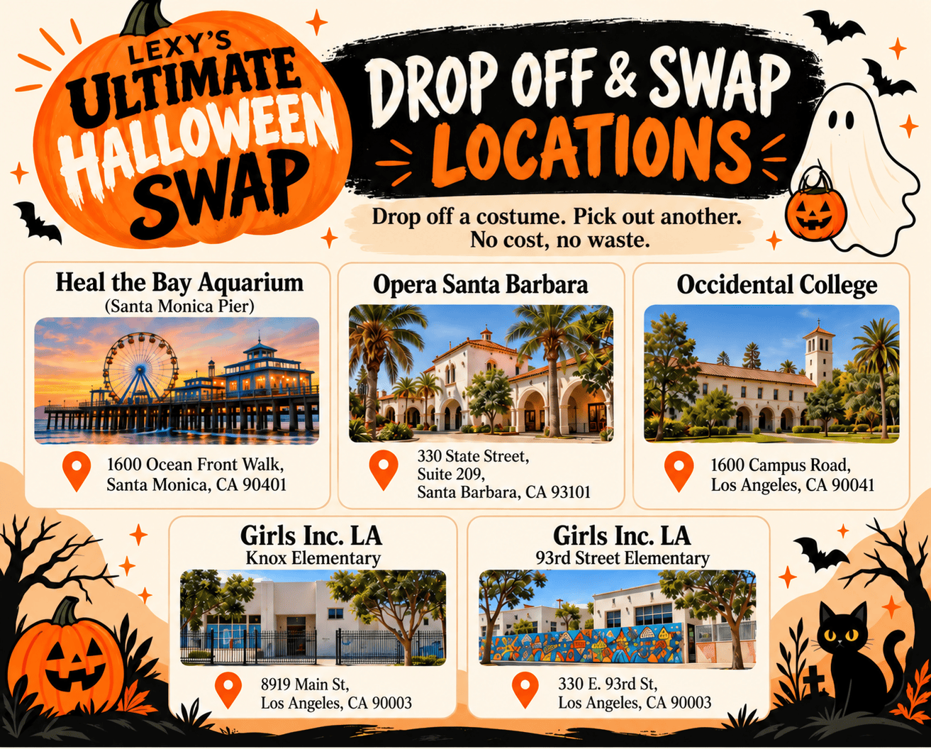 The Ultimate Halloween Swap drop-off and swap locations hosted by sustainable fashion advocate Lexy Silverstein, including Heal the Bay Aquarium, Opera Santa Barbara, Occidental College and Girls Inc. LA locations.