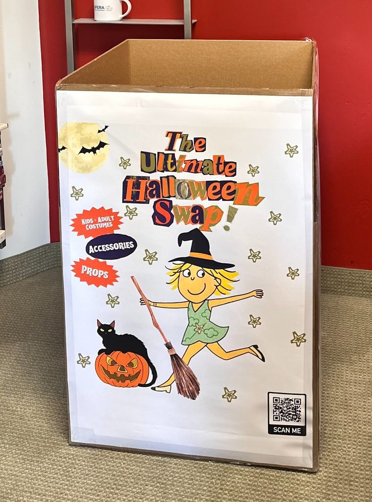 The Ultimate Halloween Swap costume donation box featuring event artwork for sustainable fashion advocate Lexy Silverstein’s Halloween costume reuse initiative.