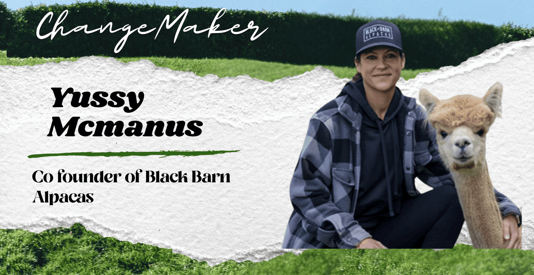 Yussy McManus, co-founder of Black Barn Alpacas, pictured with an alpaca in a sustainable fashion feature by Lexy Silverstein.