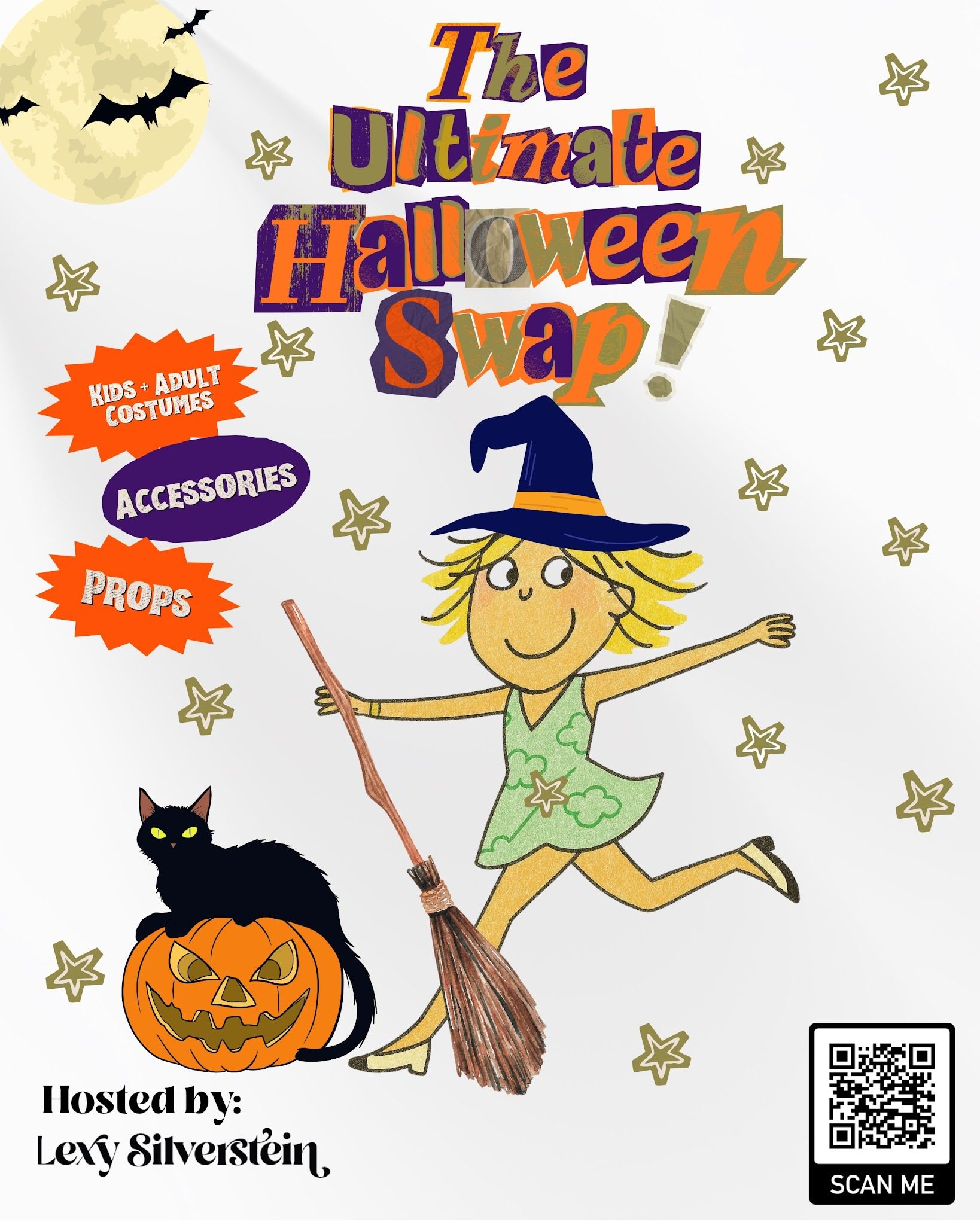 The Ultimate Halloween Swap graphic hosted by sustainable fashion advocate Lexy Silverstein, featuring a witch on a broom, black cat, jack-o’-lantern, costumes, accessories and props.