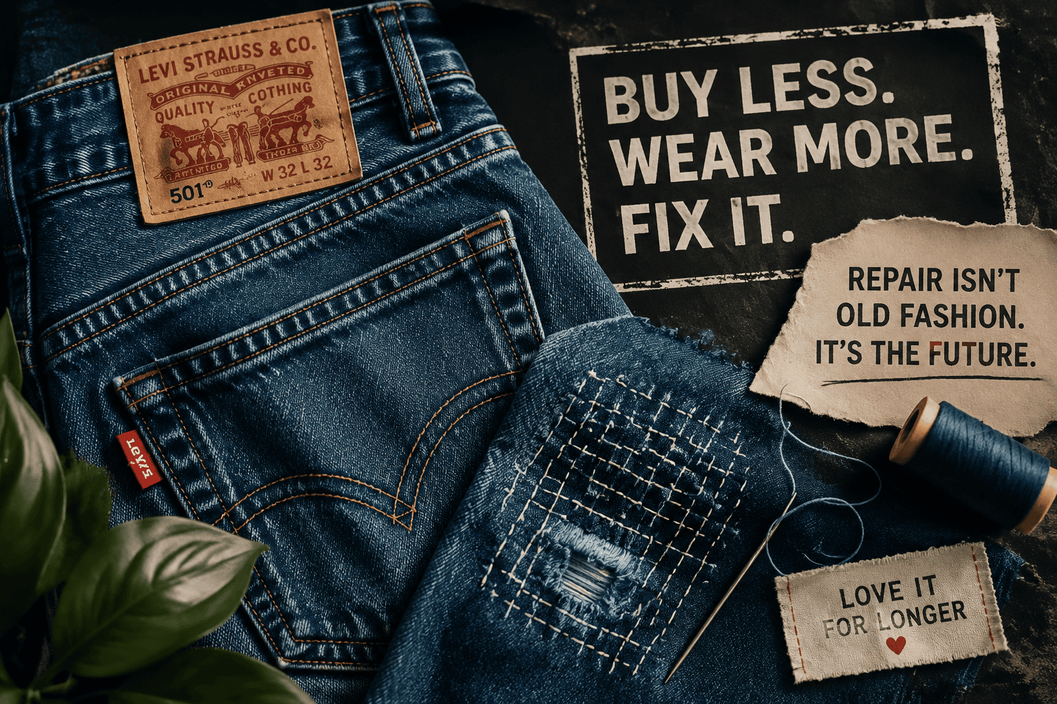 Levi’s jeans with visible mending, thread and “Buy Less. Wear More. Fix It.” messaging, featured in Lexy Silverstein’s discussion of sustainable fashion and clothing repair.